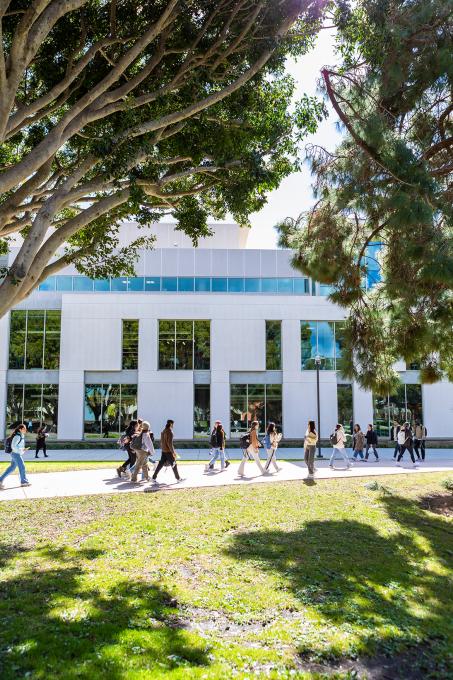 photo of library with many students walking on a paved path in front